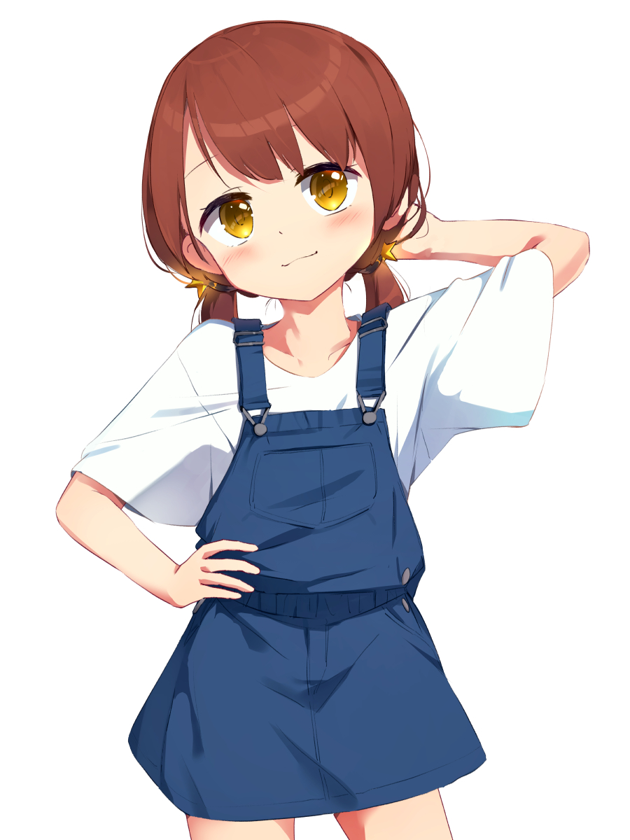 1girl, arm_up, blue_dress, brown_eyes, brown_hair, commentary_request, dress, hand_on_hip