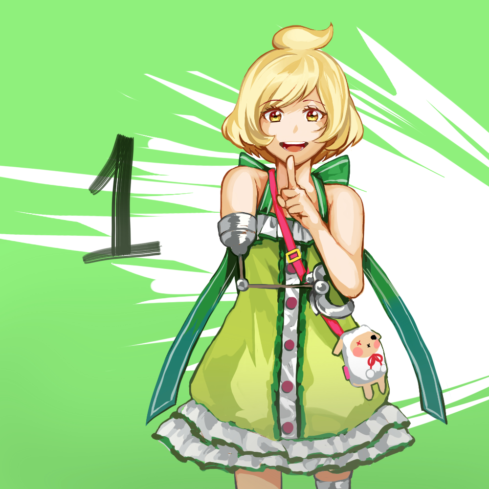 1, :d, bangs, blonde_hair, cowboy_shot, dress, eyebrows_visible_through_hair, green_background