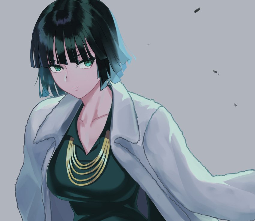 1girl, black_dress, black_hair, bob_cut, breasts, collarbone, commentary_request, dcoagt, dress, eyebrows_visible_through_hair, fubuki_(one-punch_man), green_eyes, grey_background, highres, jacket, jewelry, large_breasts, looking_at_viewer, necklace, one-punch_man, short_hair, simple_background, solo, white_jacket