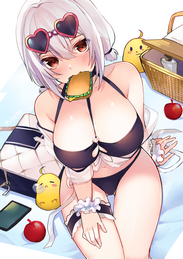1girl, ahoge, alternate_costume, apple, arm_support, arms_at_sides, artist_name, ass_visible_through_thighs