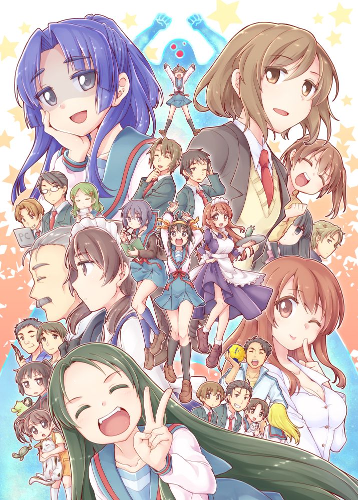 6+boys, 6+girls, arakawa, arms_up, asahina_mikuru, asahina_mikuru_(adult), asakura_ryouko, ball