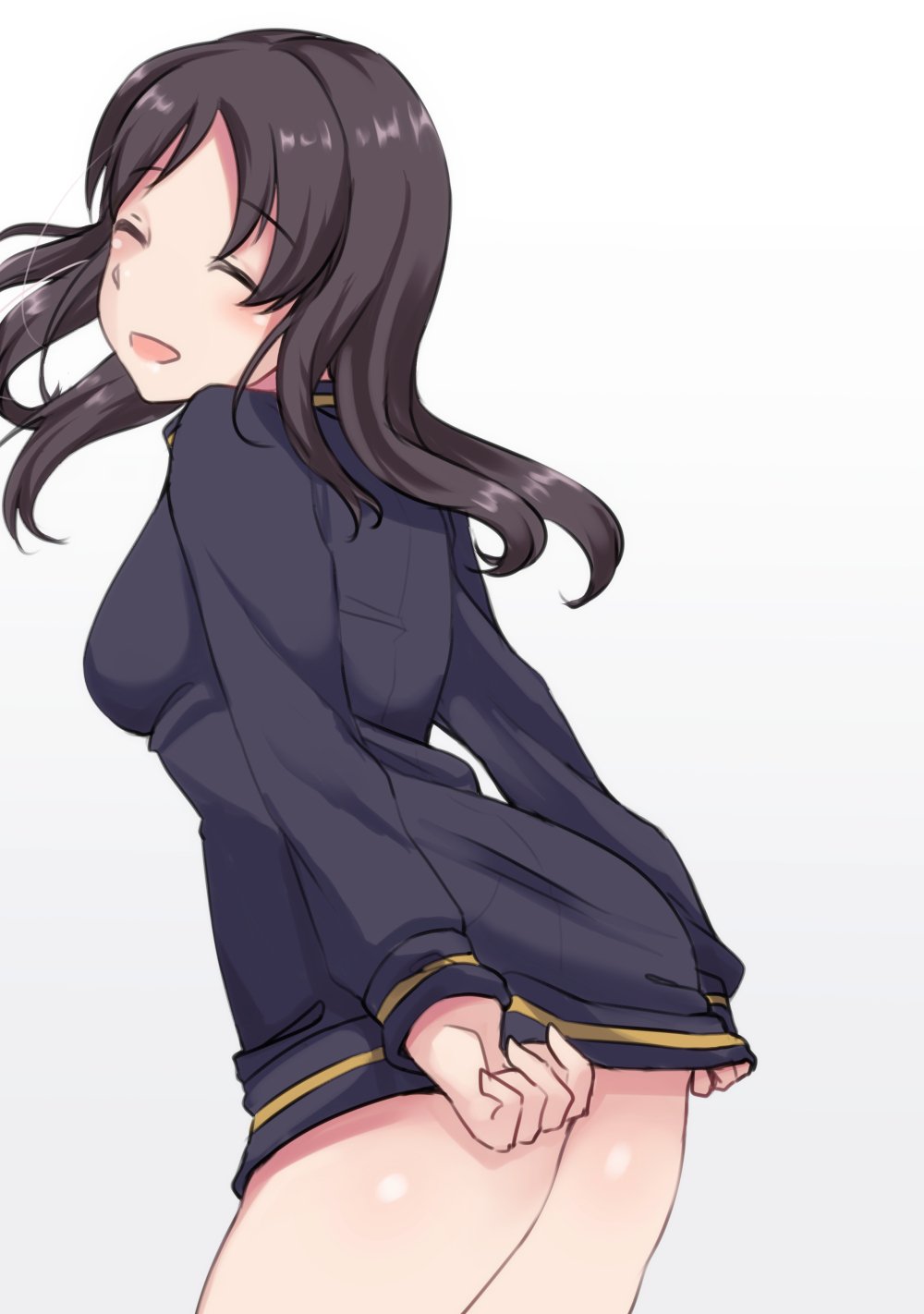 1girl, akasaka_ikuno, ass, bangs, black_hair, black_jacket, bottomless, closed_eyes