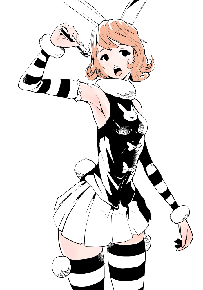 1girl, animal_ears, animal_print, arm_up, armpits, bangs, black_eyes, bow, breasts, bunny_print, bunny_tail, detached_sleeves, frilled_sleeves, frills, fur-trimmed_sleeves, fur_trim, holding, holding_microphone, hunter_x_hunter, light_brown_hair, microphone, nostrils, open_mouth, partially_colored, piyon_(hunter_x_hunter), pleated_skirt, rabbit_ears, round_teeth, shirt, short_hair, sideboob, simple_background, skirt, sleeveless, sleeveless_shirt, solo, striped, striped_legwear, striped_sleeves, sumiran_(sumiran56565656), swept_bangs, tail, teeth, thigh-highs, thighs, tongue, white_background, wireless, zettai_ryouiki