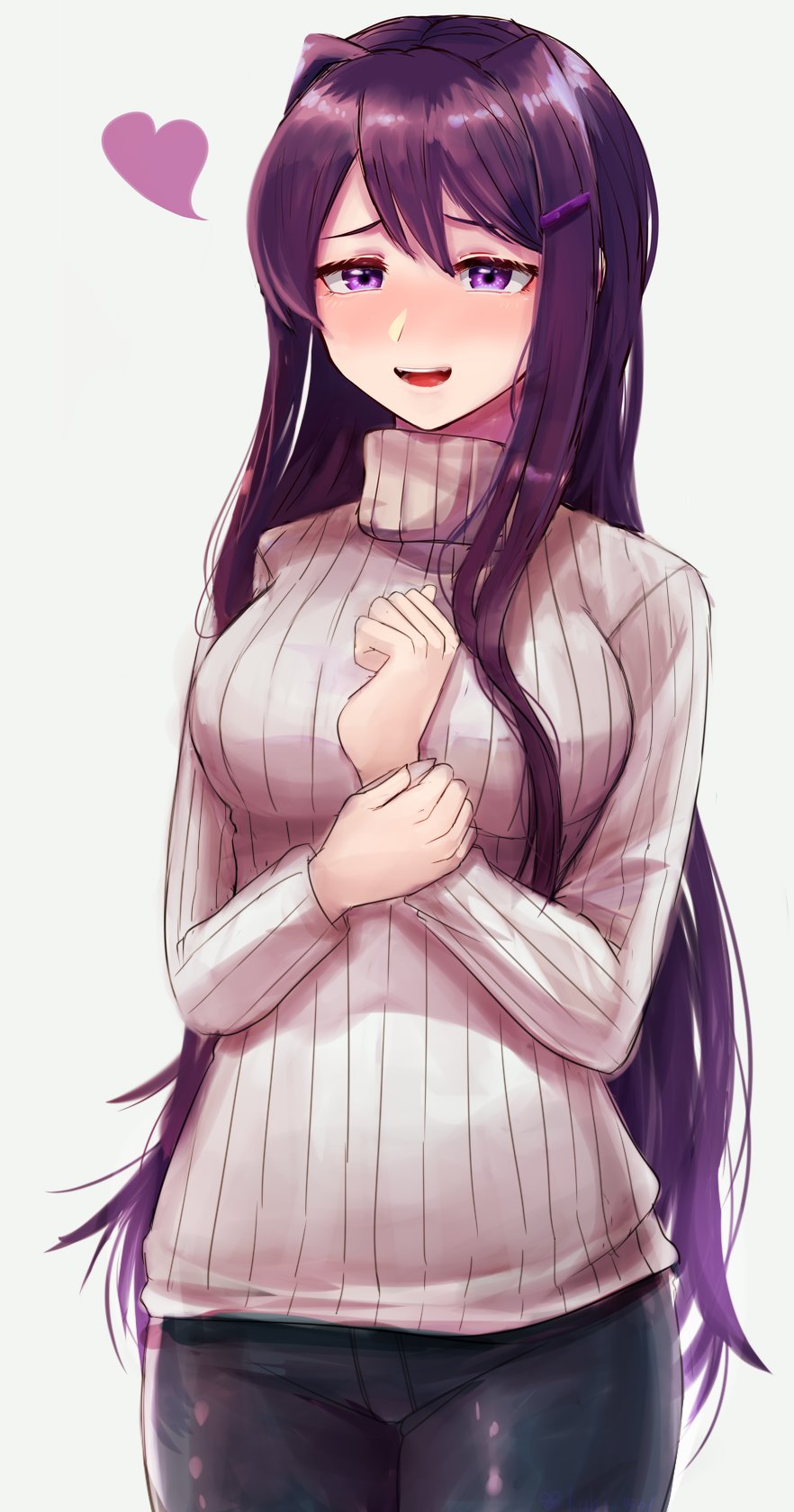 bad_proportions, black_pants, blush, breasts, cowboy_shot, doki_doki_literature_club, hair_between_eyes, hair_ornament, hairclip, highres, hita, holding_arm, long_hair, long_sleeves, looking_at_viewer, open_mouth, pants, purple_hair, ribbed_sweater, simple_background, smile, solo, standing, sweater, very_long_hair, violet_eyes, yuri_(doki_doki_literature_club)