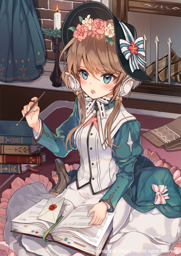 1girl, bangs, blue_eyes, blush, bonnet, book, bookmark, breasts