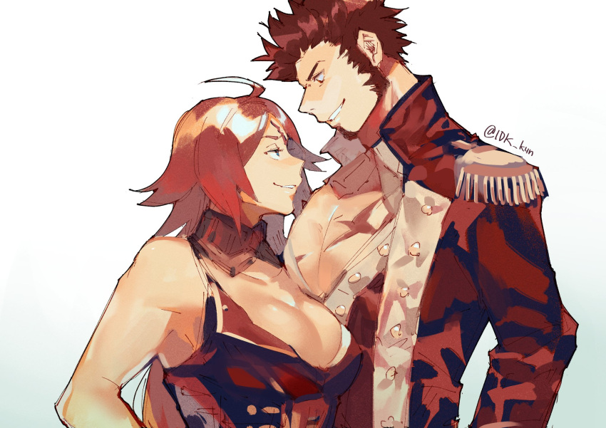 1boy, 1girl, ahoge, beard, blue_eyes, breasts, brown_hair, bursting_pecs