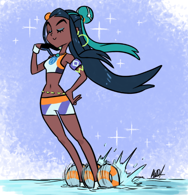 1girl, armlet, artist_name, awd!, bare_shoulders, bike_shorts, black_gloves, blue_background, blue_hair, breasts, closed_eyes, closed_mouth, dark_skin, earrings, english_commentary, eyeshadow, full_body, gloves, gym_leader, hair_ornament, hand_on_hip, hand_up, happy, hoop_earrings, jewelry, long_hair, makeup, midriff, motion_lines, multicolored_hair, navel, necklace, pokemon, pokemon_(game), pokemon_swsh, rurina_(pokemon), shiny, shiny_hair, shoes, signature, simple_background, single_glove, small_breasts, smile, solo, sparkle, splashing, sports_bra, standing, standing_on_liquid, sweatband, two-tone_hair, water