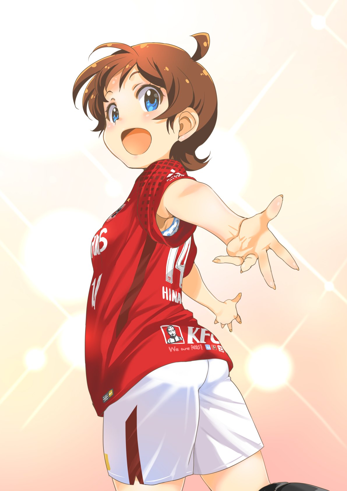 1girl, armpit_peek, blue_eyes, brown_hair, highres, idolmaster, idolmaster_million_live!, inoue_sora