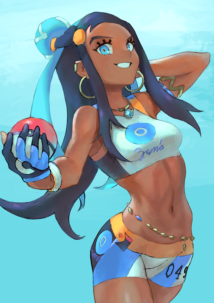 1girl, :d, arm_up, armlet, arqa, bare_shoulders, beads, bike_shorts