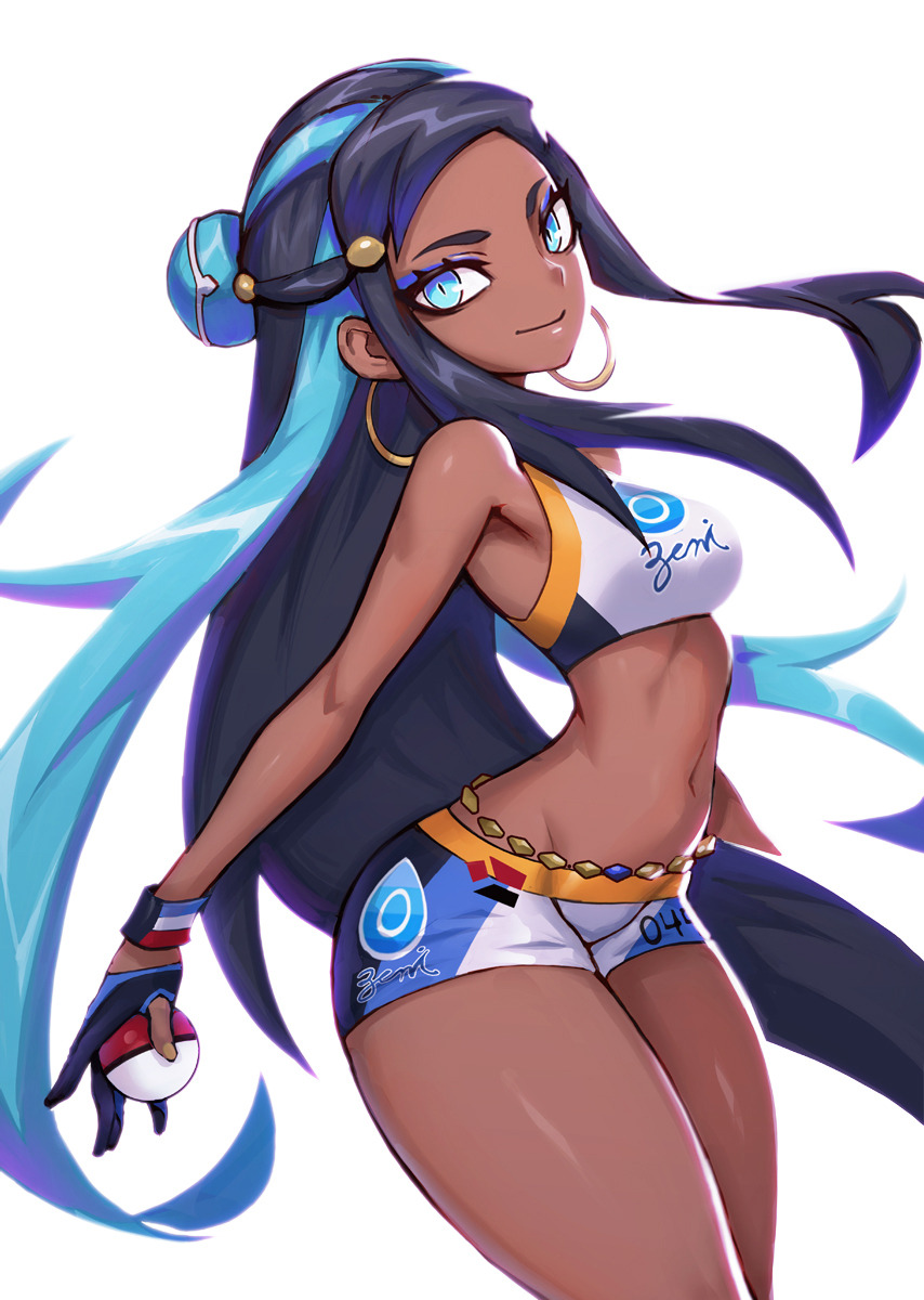 1girl, black_hair, blue_eyes, blue_hair, blue_shorts, breasts, commentary, cowboy_shot