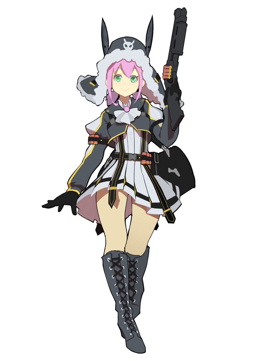 1girl, absurdres, bag, belt, belt_buckle, boots, breasts, buckle, canister, closed_mouth, coat, eyebrows_visible_through_hair, fps_xilou, full_body, gloves, green_eyes, gun, hat, highres, holding, holding_gun, holding_weapon, long_sleeves, looking_at_viewer, original, pink_hair, shoelaces, shotgun, simple_background, skirt, small_breasts, smile, solo, standing, thigh-highs, thigh_boots, weapon, white_background