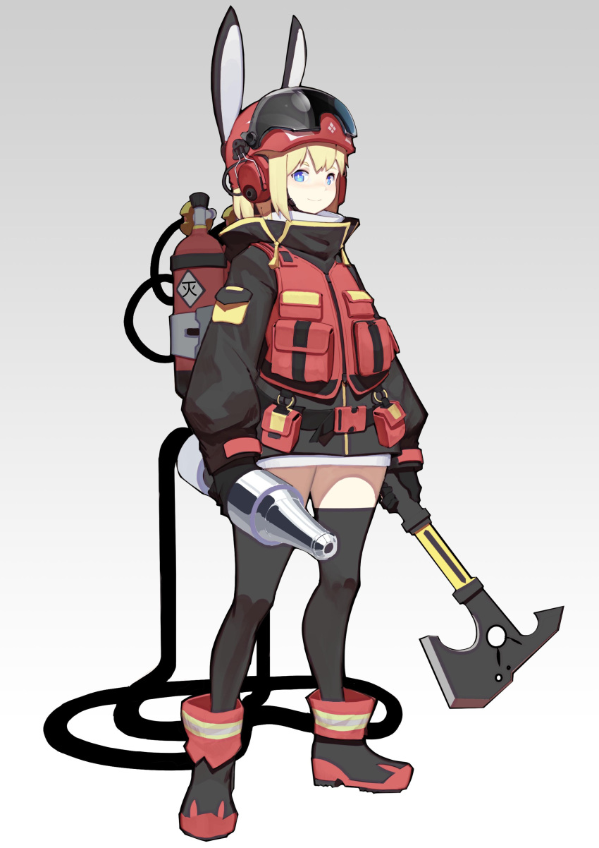 1girl, absurdres, animal_ears, axe, belt, belt_buckle, blonde_hair, blue_eyes