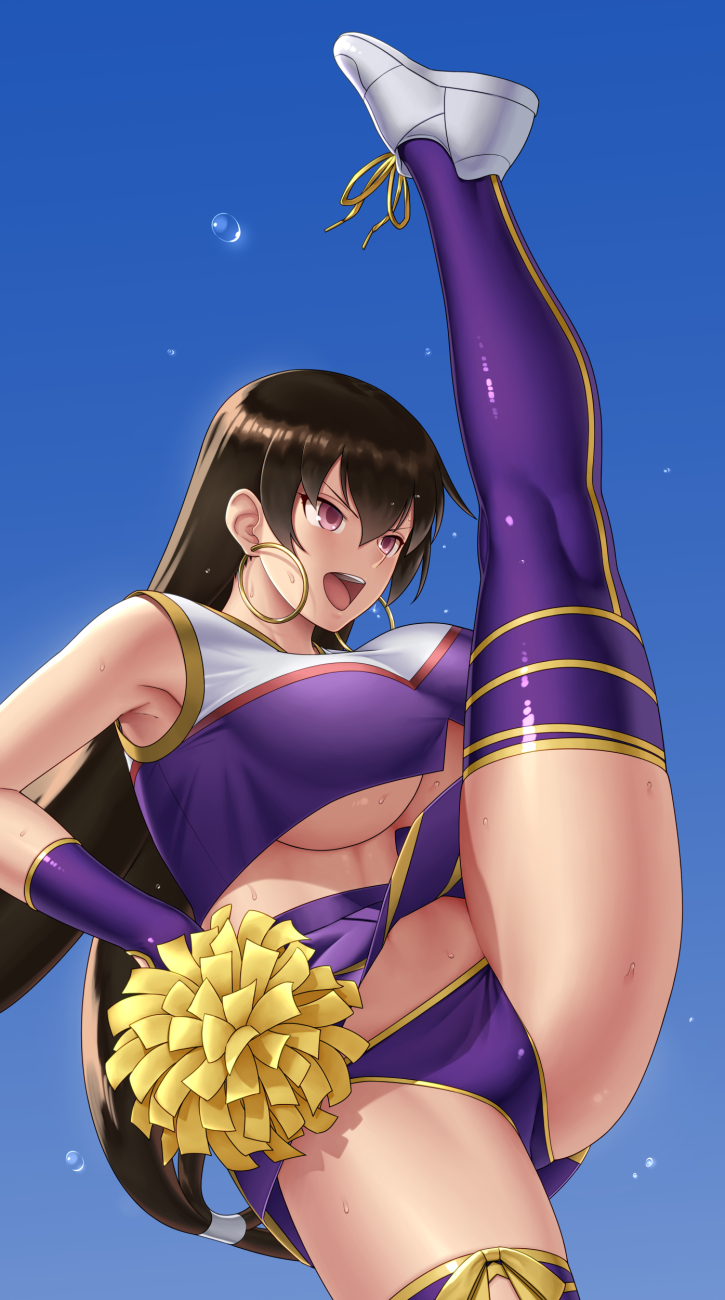 1girl, bangs, bare_shoulders, blue_background, blush, breasts, brown_hair, cheerleader