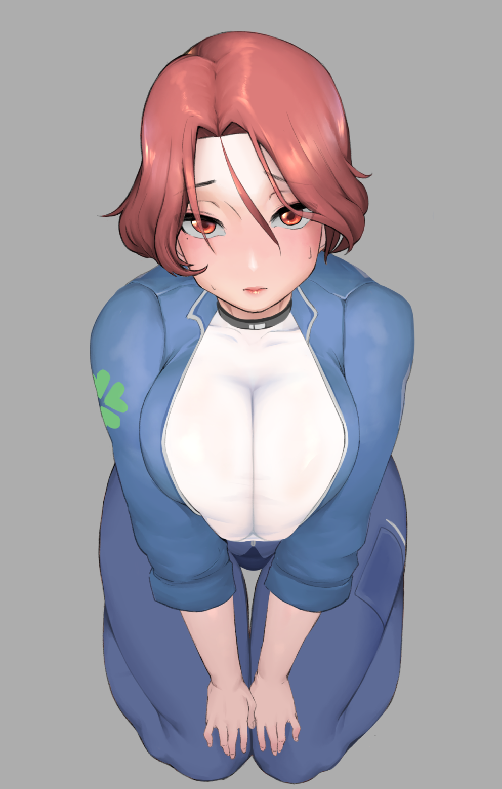 1girl, bangs, blush, bodysuit, breasts, closed_mouth, collar, fortune_(last_origin)