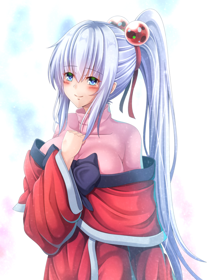 1girl, alternate_hairstyle, blue_eyes, blush, collarbone, commentary_request, dress, hair_bobbles, hair_ornament, hair_ribbon, long_hair, looking_at_viewer, off-shoulder_dress, off_shoulder, pink_shirt, ponytail, red_dress, red_ribbon, ribbon, shinki, shirt, shirt_under_dress, silver_hair, skin_tight, smile, solo, tight_shirt, touhou, touhou_(pc-98), very_long_hair, yanagi_no_ki