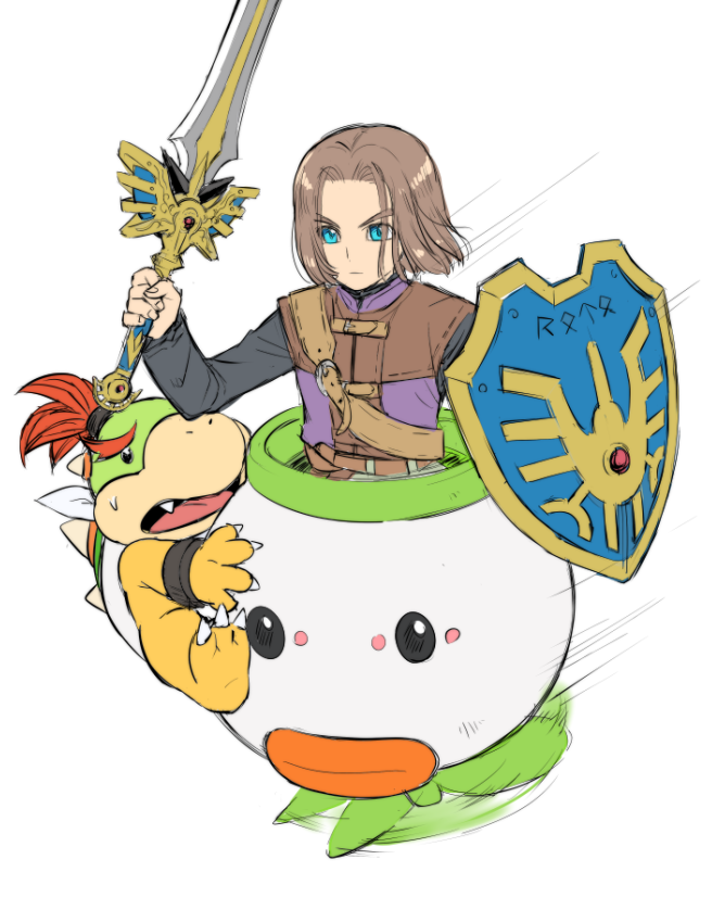2boys, blue_eyes, bowser_jr., brown_hair, clown, crown, dragon_quest, dragon_quest_xi
