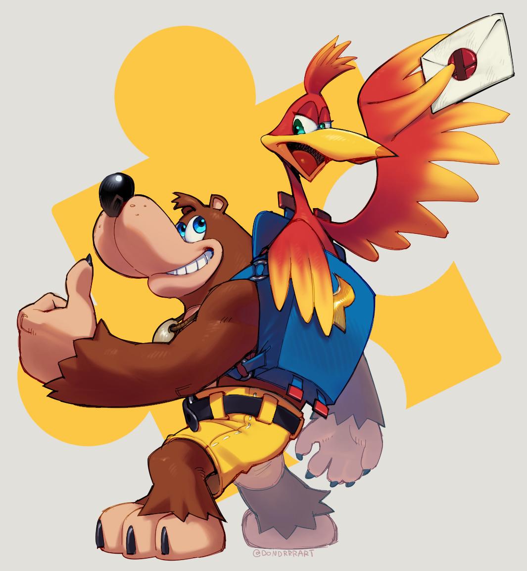 1boy, 1girl, animal, backpack, bag, banjo-kazooie, banjo_(banjo-kazooie), bear