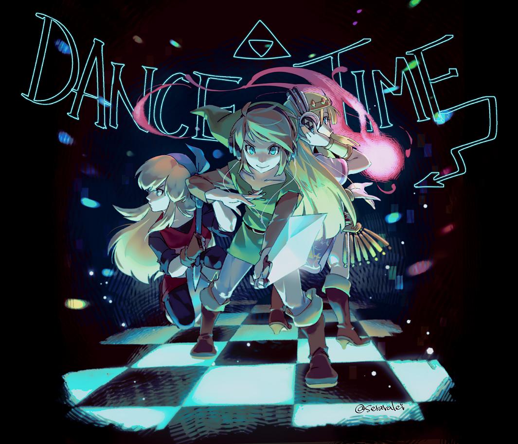 2girls, bandana, belt, blonde_hair, cadence_(necrodancer), cadence_of_hyrule, cape, circlet