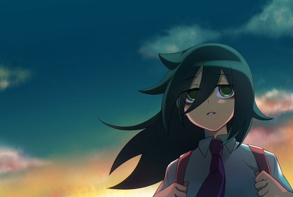 1girl, bags_under_eyes, black_hair, clouds, commentary_request, floating_hair, green_eyes, hair_between_eyes, hakka0320, kuroki_tomoko, necktie, school_uniform, sky, twilight, watashi_ga_motenai_no_wa_dou_kangaetemo_omaera_ga_warui!