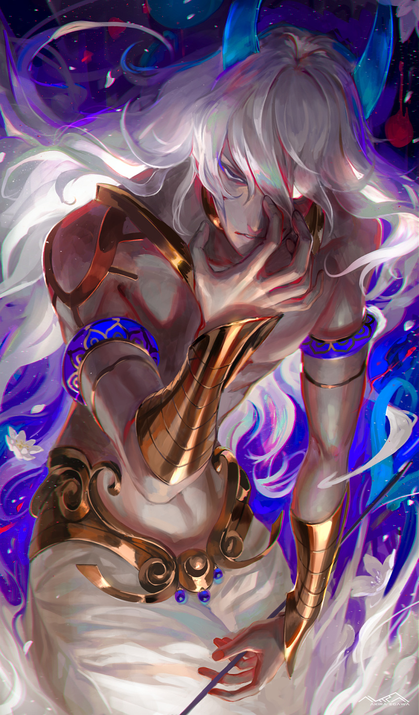 1boy, berserker_(lostbelt), black_eyes, blue_background, cowboy_shot, egawa_akira, expressionless, fate/grand_order, fate_(series), hair_over_one_eye, highres, horns, long_hair, looking_at_viewer, male_focus, shirtless, solo, white_hair
