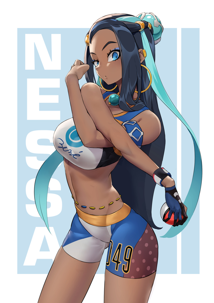 1girl, armlet, ass_visible_through_thighs, bike_shorts, black_hair, blue_eyes, character_name, cowboy_shot