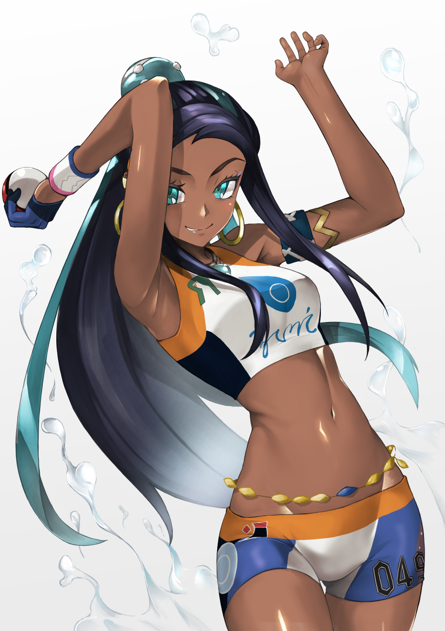 1girl, aqua_eyes, aqua_hair, armlet, armpits, bike_shorts, black_hair, blue_gloves