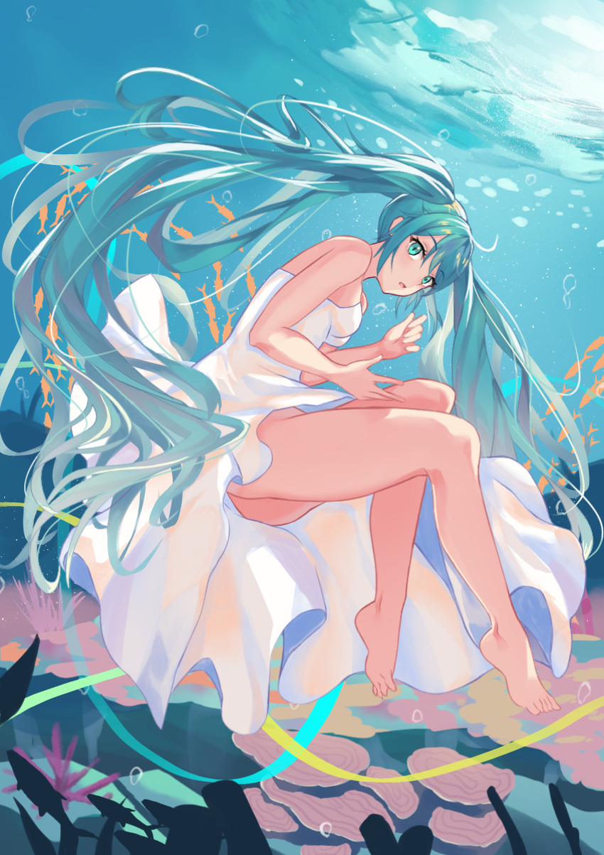 1girl, absurdres, aqua_eyes, aqua_hair, bare_legs, bare_shoulders, barefoot, coral