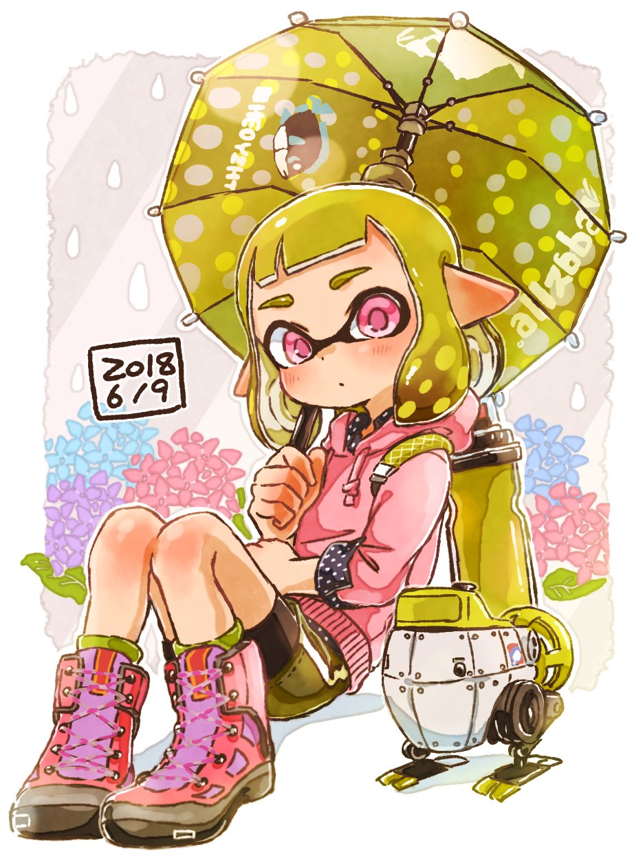1girl, ankle_boots, autobomb_(splatoon), bangs, black_shorts, black_skirt, blunt_bangs, boots