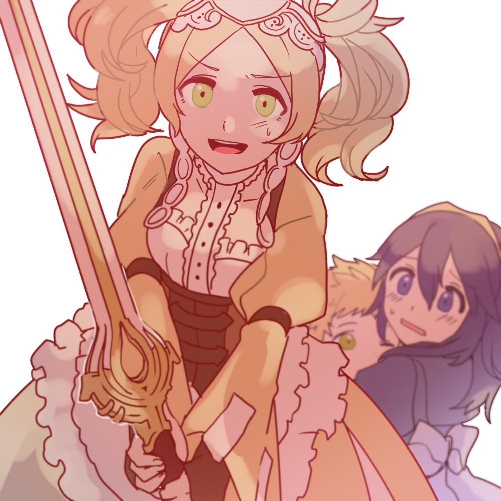 1boy, 2girls, aged_down, ararecoa, blonde_hair, blue_eyes, blue_hair, dress