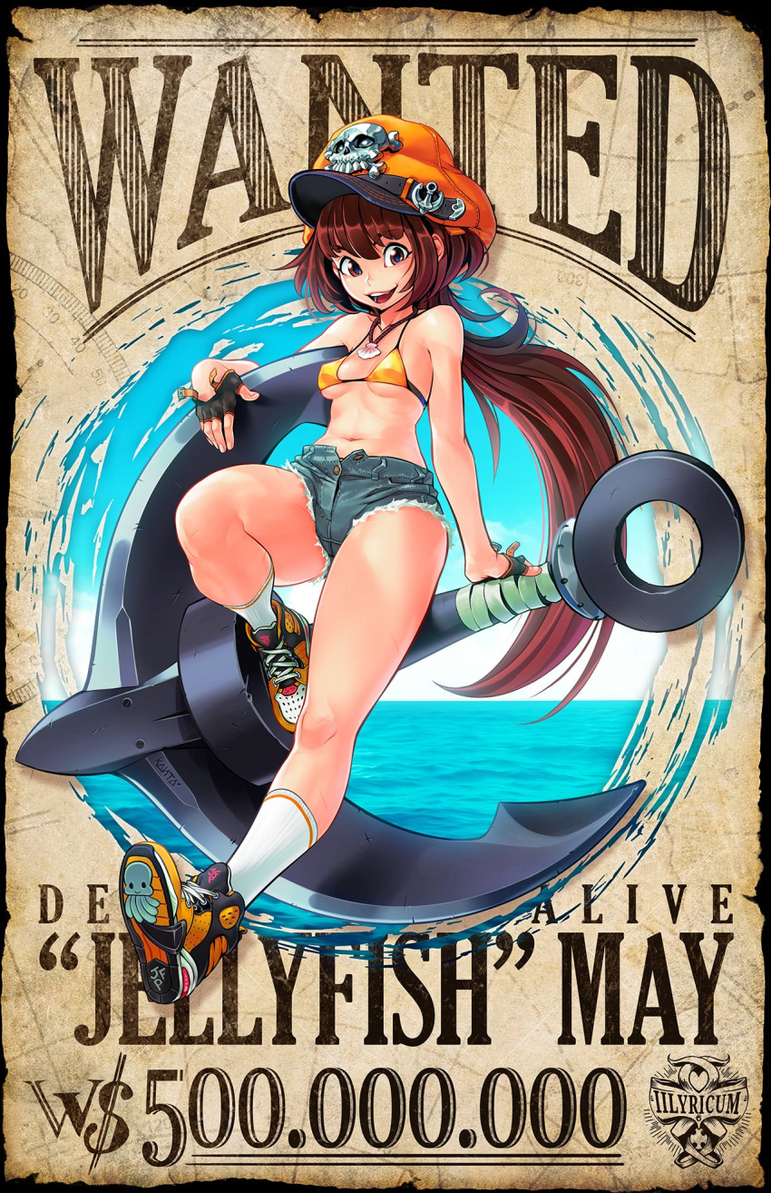1girl, alternate_headwear, anchor, bangs, bikini_top, black_gloves, breasts, brown_eyes