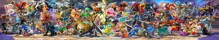 6+boys, 6+girls, 6+others, alien, alternate_hair_length, alternate_hairstyle, amamiya_ren, amulet, animal_ears, ankle_gun, ape_(company), arm_cannon, armor, atlus, backpack, bag, bandami, bandana, banjo-kazooie, banjo_(banjo-kazooie), baseball_cap, bayonetta, bayonetta_(character), bayonetta_2, bead_necklace, beads, bear, bell, belt, bird, black_hair, black_shorts, blonde_hair, blue_armor, blue_eyes, blue_skin, blush_stickers, bodysuit, book, boots, bowser, bowser_jr., bracelet, bracer, breasts, brown_hair, bun_cover, buster_sword, calligraphy_brush, capcom, cape, capri_pants, captain_falcon, castlevania, castlevania:_rondo_of_blood, cat, charizard, chiko_(mario), circlet, claws, cleavage_cutout, cloud_strife, company_connection, crossover, crown, curly_hair, dark_pit, dark_samus, diddy_kong, dog_ears, dog_girl, dog_tail, domino_mask, donkey_kong, donkey_kong_(series), doseisan, doubutsu_no_mori, dougi, dr.mario, dragon_quest, dragon_quest_iii, dragon_quest_iv, dragon_quest_xi, dragon_wings, dress, earrings, eyeshadow, f-zero, facial_hair, falchion_(fire_emblem), falco_lombardi, family_computer_robot, father_and_daughter, father_and_son, feathers, female_my_unit_(fire_emblem_if), final_fantasy, final_fantasy_vii, fire_emblem, fire_emblem:_fuuin_no_tsurugi, fire_emblem:_kakusei, fire_emblem:_mystery_of_the_emblem, fire_emblem:_souen_no_kiseki, fire_emblem_if, flipped_hair, flower_earrings, flower_pot, forehead_jewel, fox_mccloud, fukuyama_jun, furry, game_&amp;_watch, ganondorf, gen_1_pokemon, gen_4_pokemon, gen_7_pokemon, gerudo, glasses, gloves, goddess, green_eyes, green_hair, greninja, gun, hair_bell, hair_ornament, hal_laboratory_inc., handgun, hat, headband, helmet, hero_(dq11), highres, hoimi_slime, horns, hoshi_no_kirby, ice_climber, ike, incineroar, ink_tank_(splatoon), inkling, intelligent_systems, ivysaur, jewelry, jigglypuff, kazooie_(banjo-kazooie), ken_masters, kid_icarus, kid_icarus_uprising, king_dedede, king_k._rool, kirby, kirby_(series), knife, konami, krom, link, lips, lipstick, little_mac, long_hair, long_image, looking_at_viewer, lucario, lucas, lucina, luigi, makeup, male_my_unit_(fire_emblem:_kakusei), mamkute, mario, marth, mask, master_sword, mega_man_(character), mega_man_(classic), mega_man_(series), megami_tensei, meta_knight, metal_gear_(series), metal_gear_solid, metal_gear_solid_2, metroid, metroid_prime, mewtwo, microsoft, mole, mole_under_mouth, monado, monolith_soft, monster, morgana_(persona_5), mother_(game), mother_2, mother_3, mr._game_&amp;_watch, multiple_boys, multiple_girls, muscle, mustache, my_unit_(fire_emblem:_kakusei), my_unit_(fire_emblem_if), namco, nana_(ice_climber), necklace, ness, nintendo, nintendo_ead, official_art, olimar, open_mouth, pac-man, pac-man_(game), paintbrush, palutena, pants, persona, persona_5, pichu, pikachu, pikmin_(creature), pikmin_(series), pink_dress, piranha_plant, pit_(kid_icarus), plaid, plaid_pants, plant, platinum_games_inc., pointy_ears, pokemon, pokemon_(creature), pokemon_(game), pokemon_dppt, pokemon_rgby, pokemon_sm, ponytail, popo_(ice_climber), princess_daisy, princess_peach, princess_zelda, quadruple_wielding, ragnell, rareware, red_(pokemon), red_eyes, red_gloves, reverse_trap, richter_belmondo, ridley, rockman, rockman_(character), rosalina, roy_(fire_emblem), ryuu_(street_fighter), samus_aran, scarf, sega, sharp_teeth, sheik, shield, shirt, shizue_(doubutsu_no_mori), shoes, short_hair, shorts, shouryuuken, shulk, simon_belmondo, slime, slime_(dragon_quest), smile, sneakers, sneaking_suit, solid_snake, sonic, sonic_(series), sonic_the_hedgehog, sora_(company), spandex, spiked_bracelet, spikes, spiky_hair, splatoon_(series), splatoon_1, splattershot_(splatoon), square_enix, squirtle, staff, star_fox, street_fighter, street_fighter_ii_(series), super_crown, super_mario_bros., super_mario_galaxy, super_smash_bros., super_smash_bros._ultimate, super_smash_bros_64, super_smash_bros_brawl, super_smash_bros_for_wii_u_and_3ds, super_smash_bros_melee, surcoat, sword, t-shirt, tail, teeth, tentacle_hair, the_legend_of_zelda, the_legend_of_zelda:_a_link_between_worlds, the_legend_of_zelda:_breath_of_the_wild, the_legend_of_zelda:_ocarina_of_time, the_legend_of_zelda:_the_wind_waker, tiara, toon_link, topknot, tunic, turban, uppercut, varia_suit, villager_(doubutsu_no_mori), wario, warioware, warp_pipe, water, weapon, whip, white_hair, white_skin, wide_image, wii_fit, wii_fit_trainer, wings, wolf_o'donnell, xenoblade_(series), xenoblade_1, yellow_dress, yellow_eyes, yellow_sclera, yoshi, young_link, zero_suit