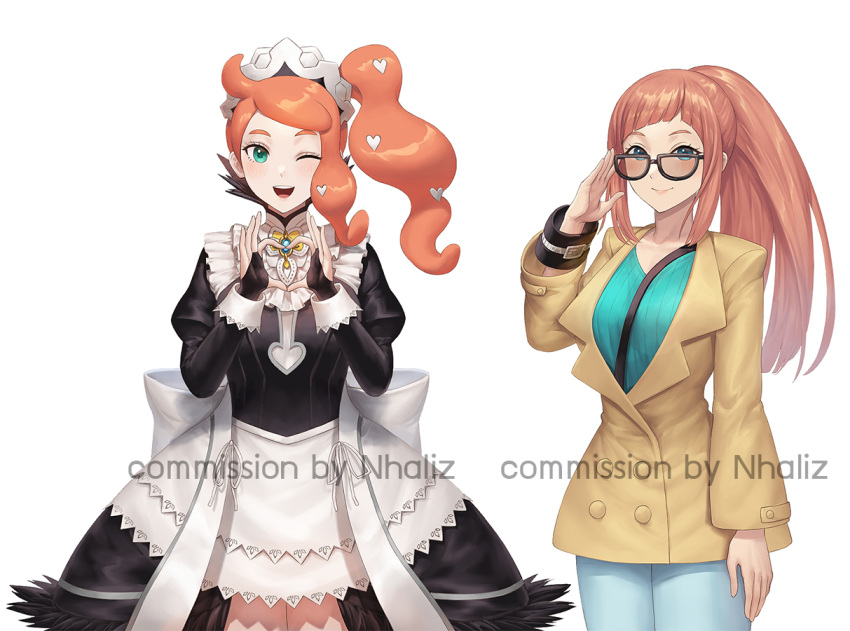 2girls, adjusting_eyewear, apron, artist_name, black_gloves, blue_eyes, bracelet, brooch