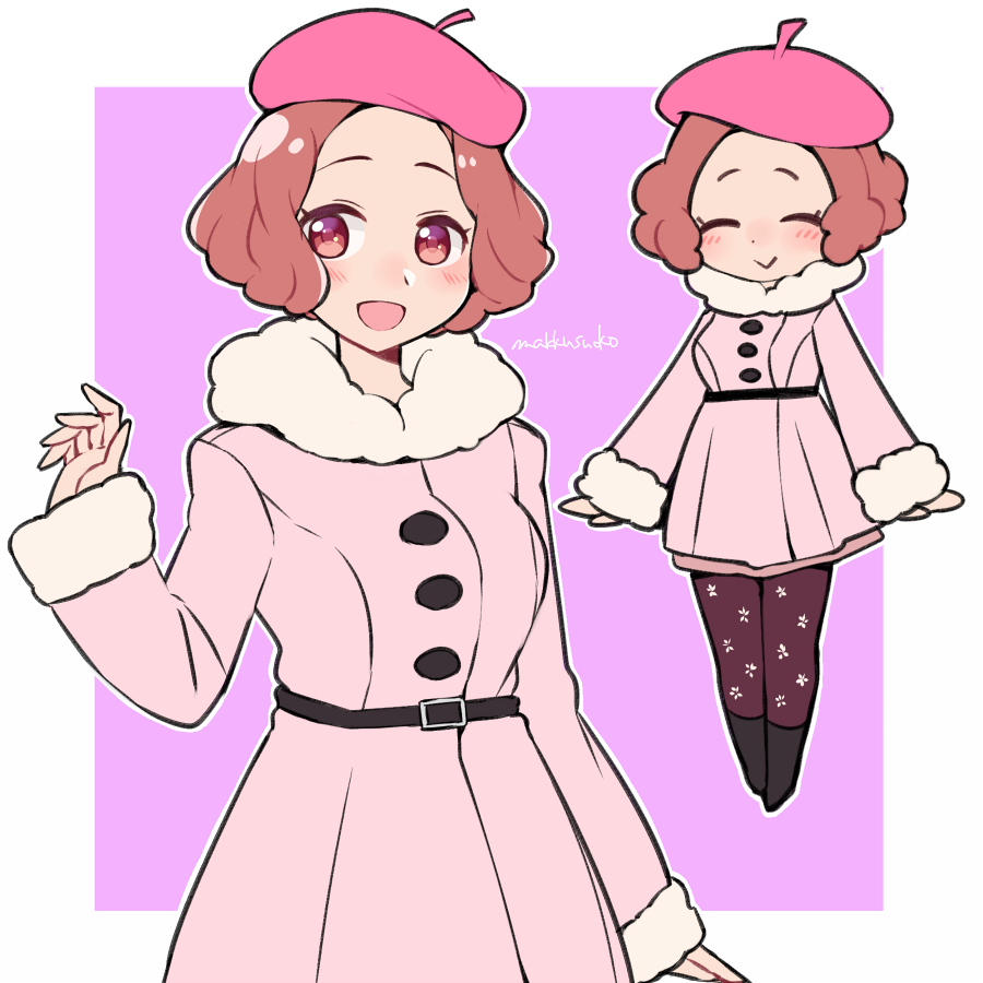1girl, :>, :d, ^_^, ^v^, artist_name, beret, blush, brown_eyes, brown_hair, closed_eyes, commentary_request, do_m_kaeru, hat, okumura_haru, open_mouth, pantyhose, persona, persona_5, persona_5_the_royal, pink_coat, pink_headwear, print_legwear, purple_legwear, short_hair, skirt, smile, solo