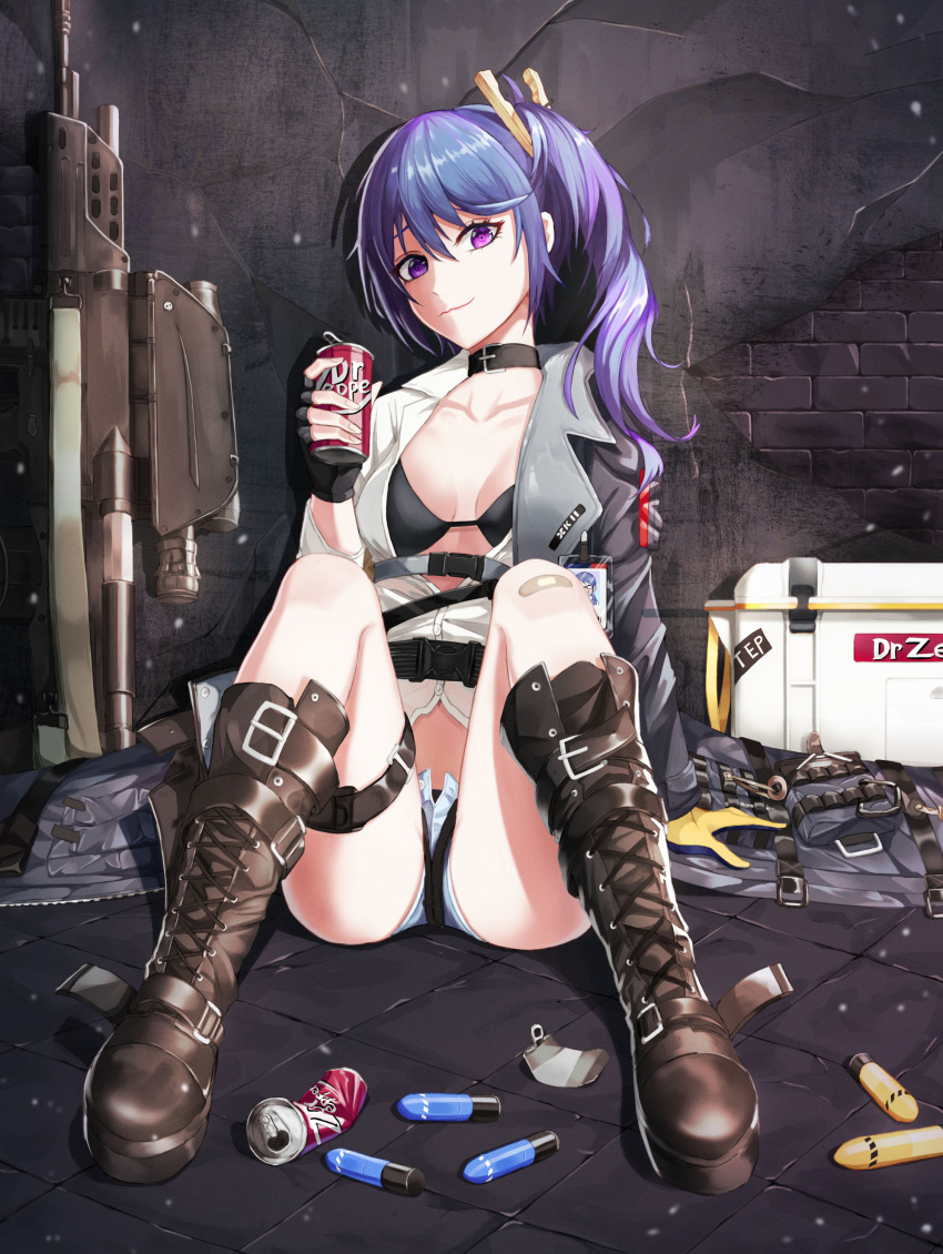 1girl, absurdres, assault_rifle, bangs, bikini, black_bikini, blue_hair, blush, breasts, brown_footwear, can, closed_mouth, collarbone, cooler, cross-laced_footwear, daewoo_k11, explosive, full_body, girls_frontline, grenade, gun, hair_between_eyes, highres, holding, holding_can, ihan, k11_(girls_frontline), leather_choker, long_hair, looking_at_viewer, messy_hair, open_clothes, rifle, shirt, shorts, side_ponytail, sidelocks, sitting, smile, solo, spread_legs, swimsuit, violet_eyes, weapon, white_shirt