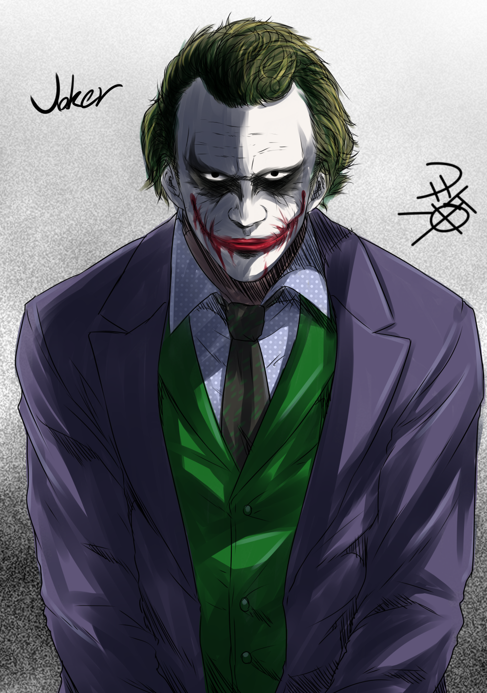 1boy, black_neckwear, blood, blood_on_face, character_name, dc_comics, facepaint, formal