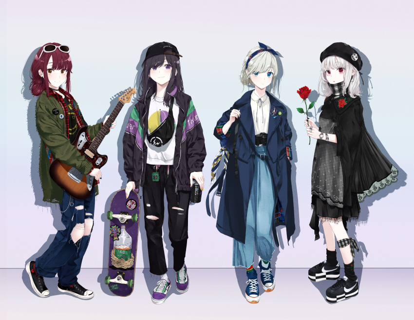 1girl, 4girls, :o, absurdres, backwards_hat, badge, bag, bangs
