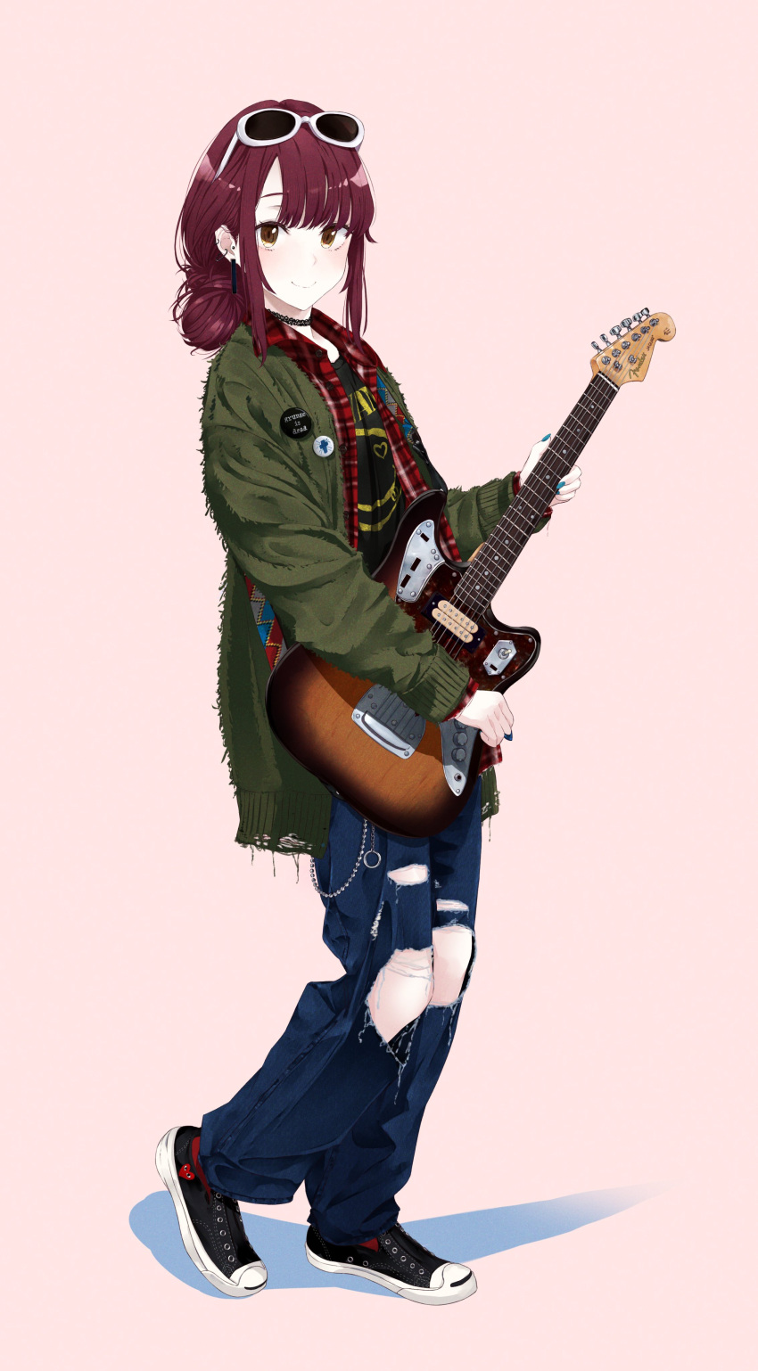 1girl, absurdres, badge, bangs, brown_eyes, brown_hair, buttons, chain, checkered, checkered_shirt, chobe_2, choker, closed_mouth, coat, comme_des_garcons, commentary, denim, ear_piercing, earrings, electric_guitar, eyewear_on_head, full_body, grunge_(genre), guitar, hair_bun, highres, holding, holding_instrument, instrument, jeans, jewelry, long_sleeves, looking_at_viewer, nail_polish, original, pants, piercing, pink_background, plectrum, red_legwear, shadow, shirt, shoes, sidelocks, simple_background, smile, sneakers, solo, standing, strap, sunglasses, torn_clothes, torn_pants