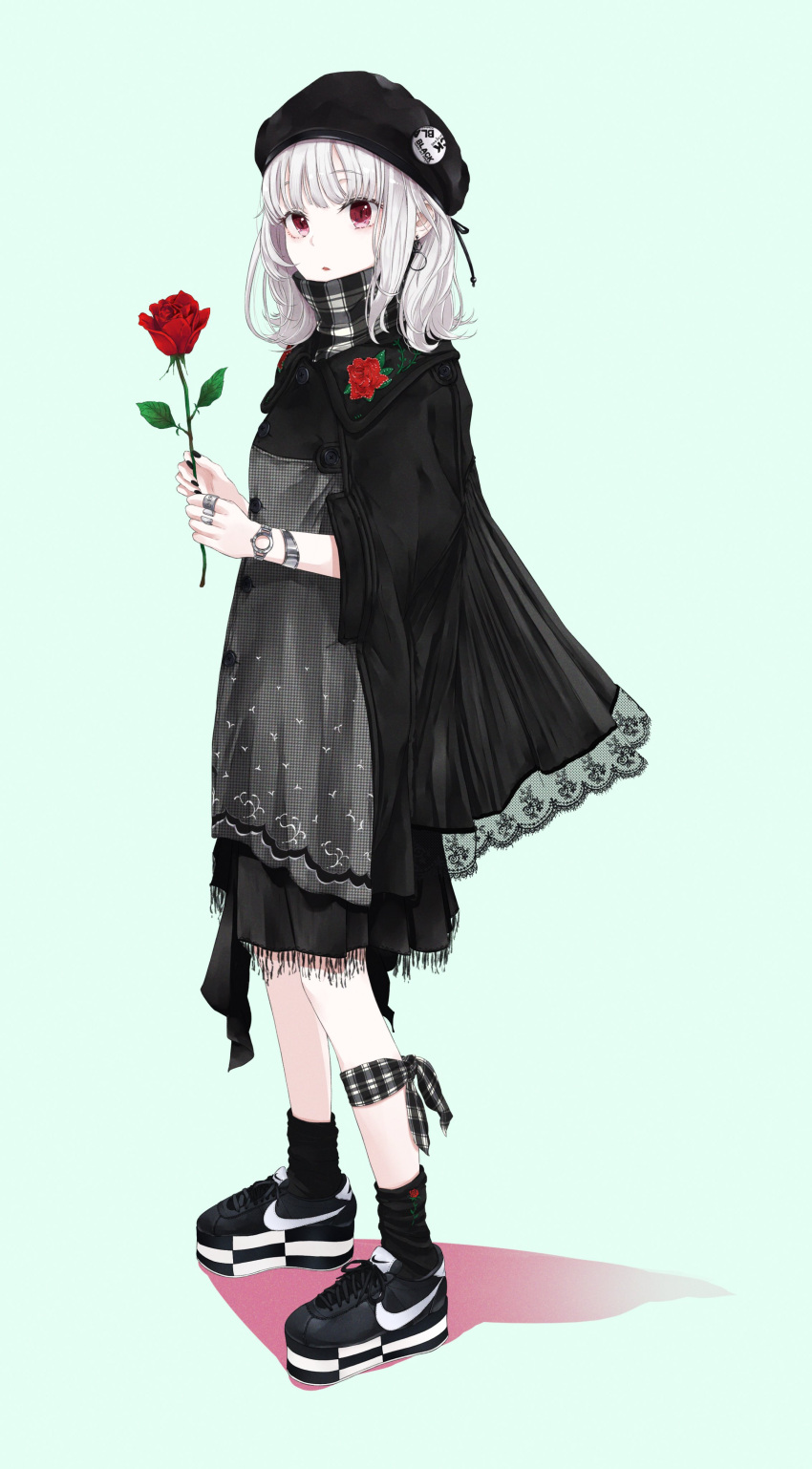 1girl, :o, absurdres, beret, black_clothes, black_dress, black_legwear, blue_background