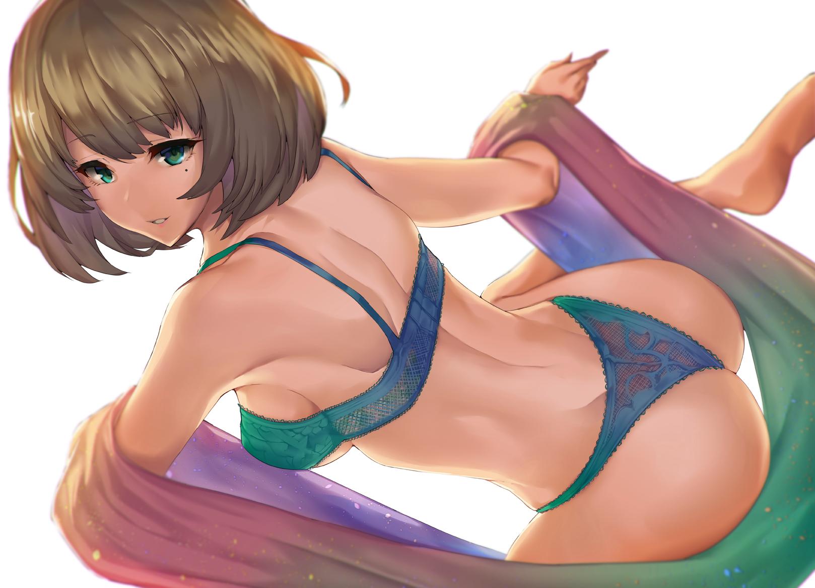 1girl, ass, bangs, bare_shoulders, blue_bra, blue_eyes, blue_panties, blush
