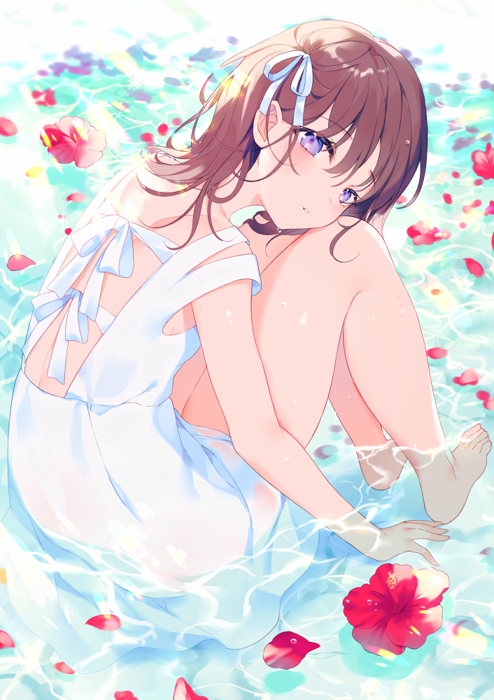 1girl, achiki, back, bare_arms, bare_legs, bare_shoulders, barefoot, brown_hair