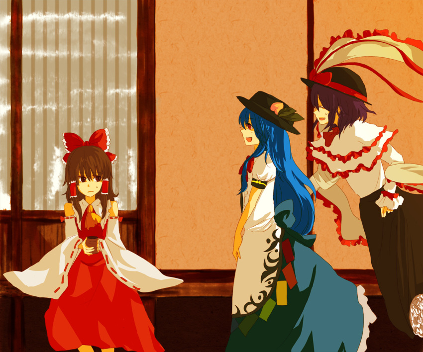 chiri, chiri_(o9o9), food, fruit, hakurei_reimu, hat, hinanawi_tenshi, japanese_clothes