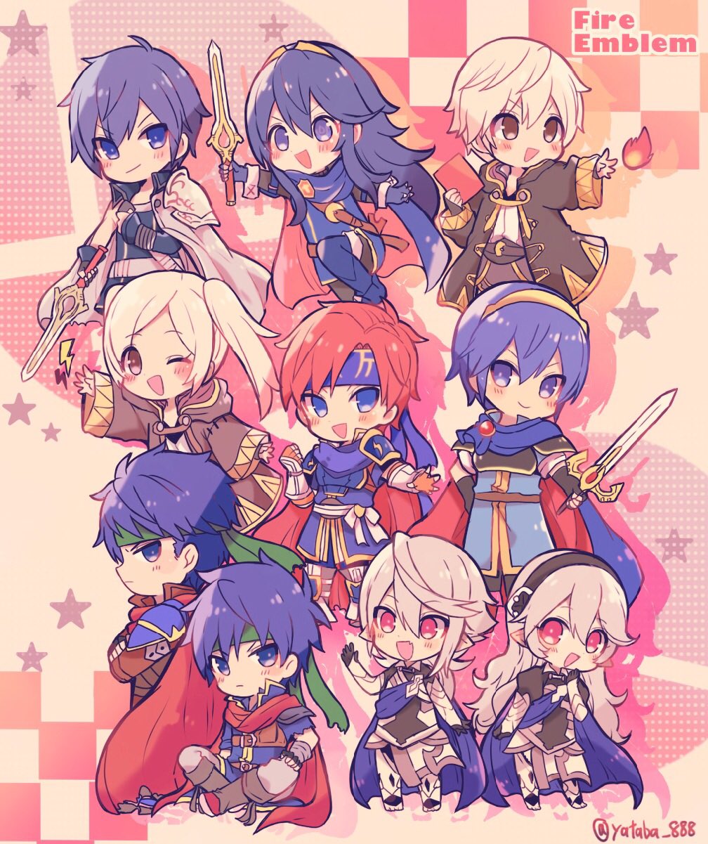 3girls, 6+boys, artist_request, blue_armor, blue_eyes, blue_hair, brother_and_sister, cape