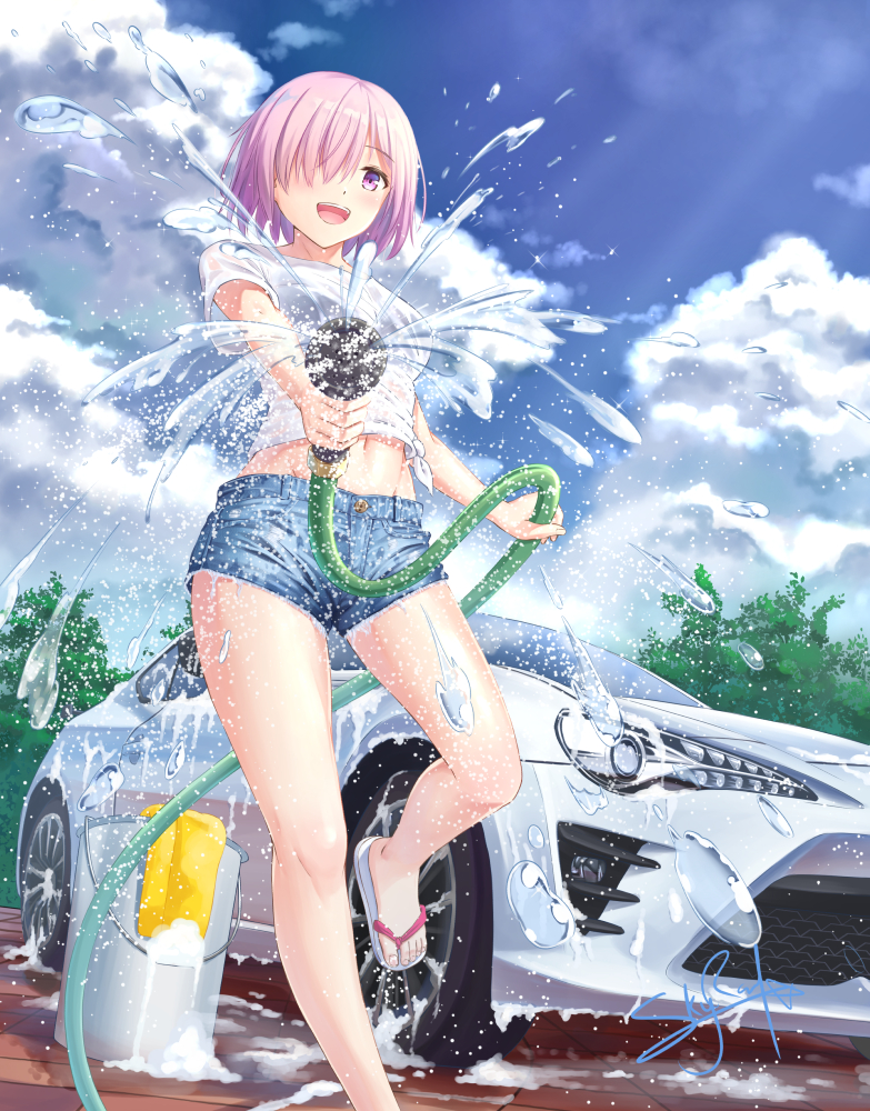 1girl, breasts, car, clouds, commentary, eyebrows_visible_through_hair, fate/grand_order, fate_(series)