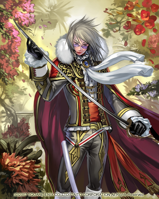 copyright_notice, eternal_wheel, flower, glasses, gloves, red_eyes, silver_hair, sword