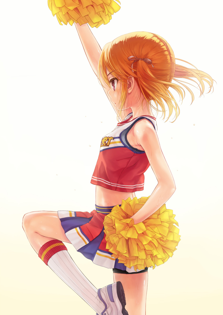 1girl, alternate_hairstyle, bare_shoulders, bike_shorts, brown_eyes, cheerleader, clothes_writing, commentary_request