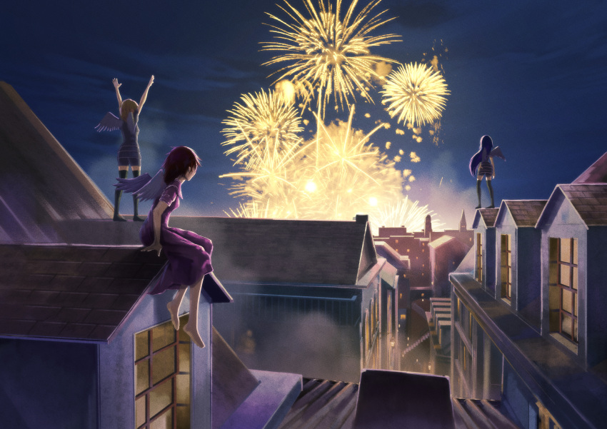 3girls, absurdres, aerial_fireworks, angel_wings, barefoot, black_legwear, building, city