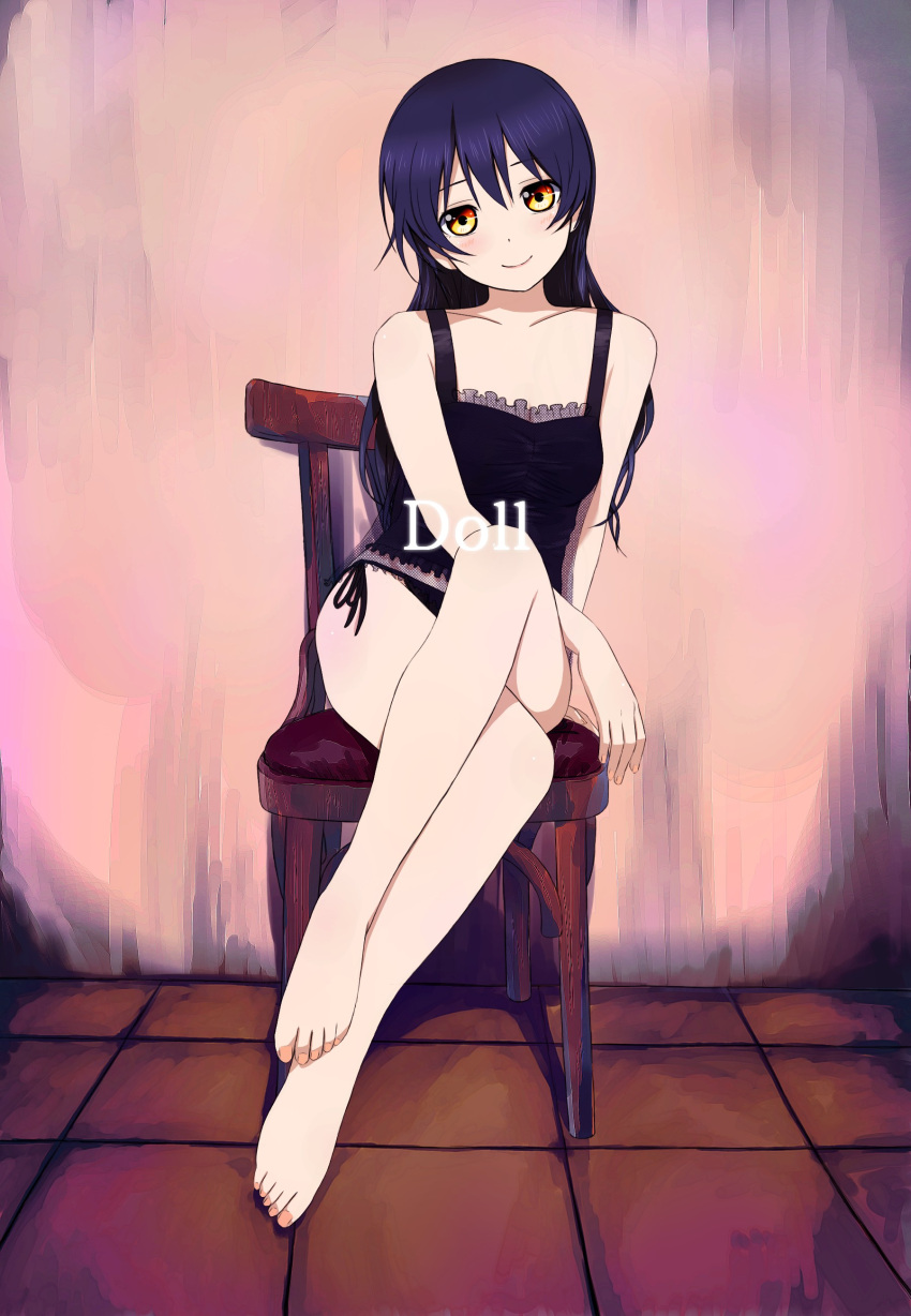 1girl, absurdres, arm_support, babydoll, bangs, bare_legs, bare_shoulders, barefoot, black_panties, blue_hair, blush, chair, closed_mouth, crossed_legs, frills, full_body, hair_between_eyes, highres, lingerie, long_hair, looking_at_viewer, love_live!, love_live!_school_idol_project, panties, see-through, side-tie_panties, simple_background, sitting, smile, solo, sonoda_umi, sweeter_(h110111), underwear, yellow_eyes