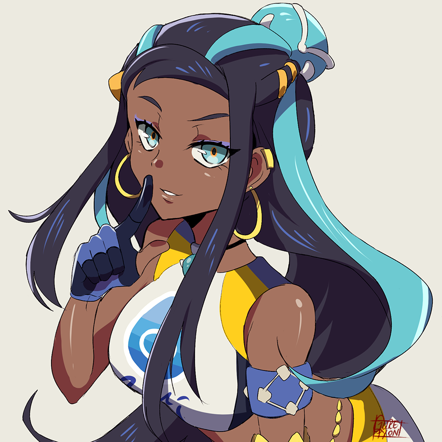 1girl, aqua_eyes, aqua_hair, armband, armlet, black_hair, breasts, bun_cover