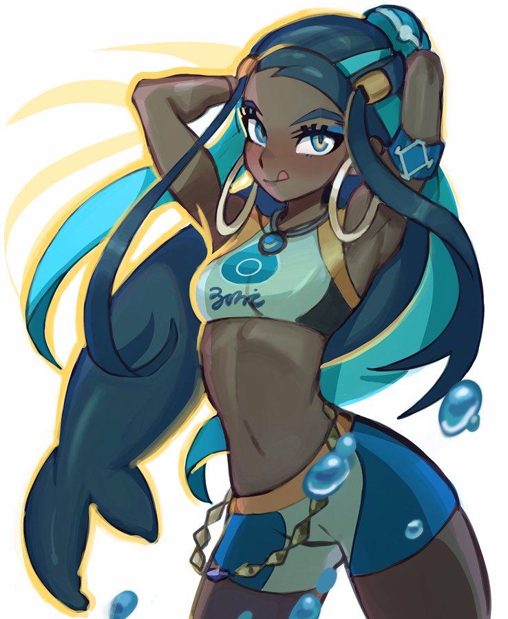 1girl, :q, aqua_hair, armband, armpits, arms_up, backlighting, black_hair, blue_eyes, bun_cover, cody_bunt, commentary, contrapposto, cowboy_shot, dark_skin, earrings, english_commentary, eyelashes, eyeshadow, hair_bun, hoop_earrings, jewelry, long_hair, looking_at_viewer, makeup, midriff, navel, pendant, petite, pokemon, pokemon_(game), pokemon_swsh, rurina_(pokemon), sidelocks, solo, standing, swimsuit, tankini, toned, tongue, tongue_out, very_long_hair, white_background