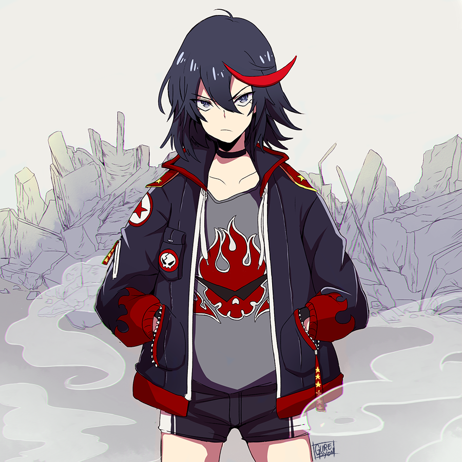 1girl, black_hair, blue_eyes, bomber_jacket, casual, commentary, creator_connection, epaulettes, flame_print, frown, gurepyon, hair_between_eyes, hands_in_pockets, jacket, kill_la_kill, matoi_ryuuko, multicolored_hair, open_clothes, open_jacket, redhead, shorts, signature, solo, standing, streaked_hair, tengen_toppa_gurren_lagann